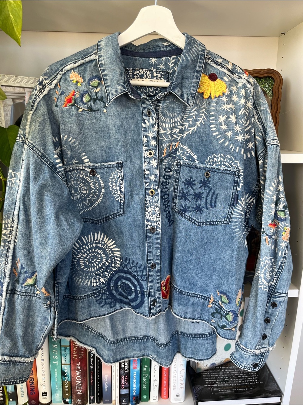 We The Free Intricately Embroidered Denim Button Up Top Size Large